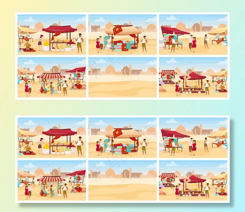 埃及集市平面彩色插图集。阿拉伯户外市场有地毯、香料、手工陶器。游客购买手工制作的卡通人物纪念品。沙漠背景下的东区eps,ai矢量模版下载