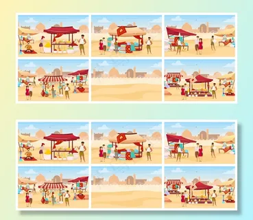 埃及集市平面彩色插图集。阿拉伯户外市场有地毯、香料、手工陶器。游客购买手工制作的卡通人物纪念品。沙漠背景下的东区