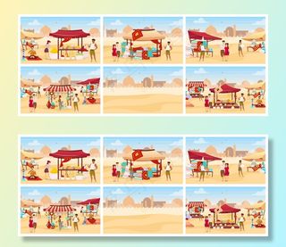 埃及集市平面彩色插图集。阿拉伯户外市场有地毯、香料、手工陶器。游客购买手工制作的卡通人物纪念品。沙漠背景下的东区