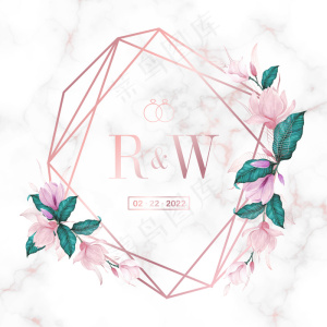 玫瑰金几何框架，大理石背景上有花朵，用于婚礼会徽和请柬