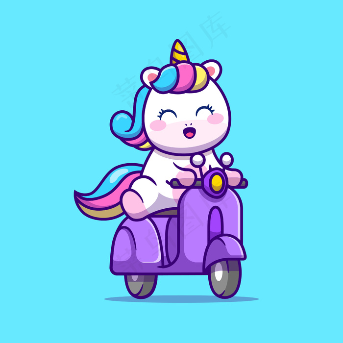 可爱的独角兽骑踏板车卡通矢量插图。动物运输概念分离载体。平面卡通风格eps,ai矢量模版下载
