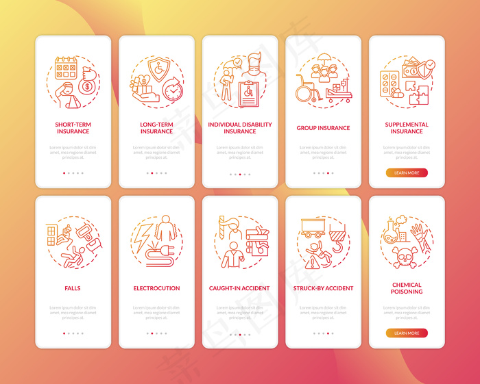 残疾保险入职手机app移动应用程序app页面屏幕与概念集。eps,ai矢量模版下载