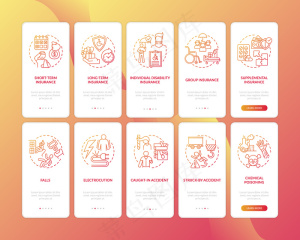 残疾保险入职手机app移动应用程序app页面屏幕与概念集。