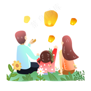 中秋节团圆赏花灯孔明灯素材