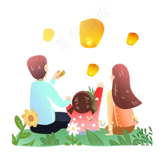 中秋节团圆赏花灯孔明灯素材