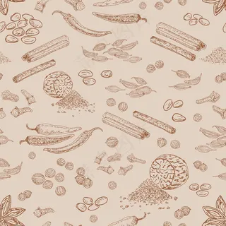 手绘草本香料肉豆蔻肉桂辣椒丁香豆蔻香菜籽无缝模式