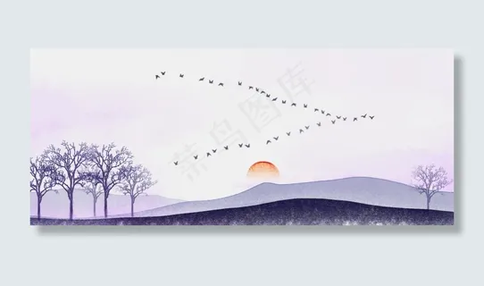 秋天大雁中国风水墨雁阵紫霞