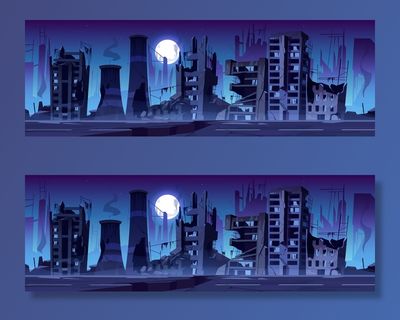 城市在战争中被摧毁，夜晚被遗弃的建筑。