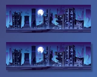 城市在战争中被摧毁，夜晚被遗弃的建筑。