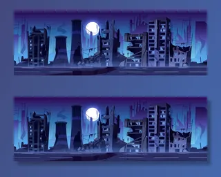 城市在战争中被摧毁，夜晚被遗弃的建筑。