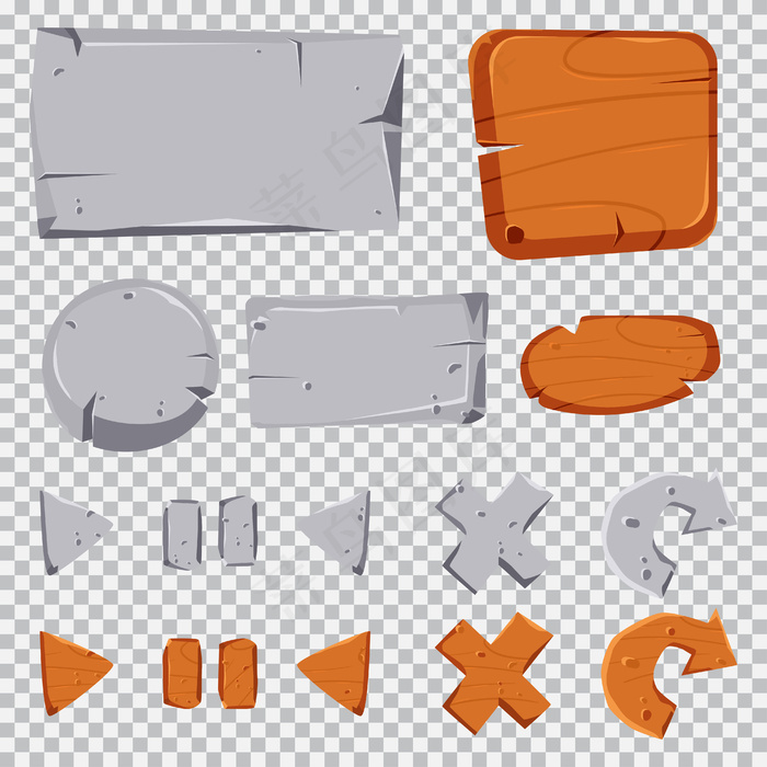 石头和木头按钮，平板电脑和框架卡通游戏界面设置在一个透明的背景隔离。eps,ai矢量模版下载