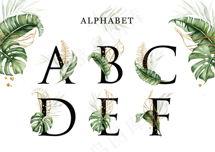 水彩画热带树叶字母表一套b c d e f与金色的叶子eps,ai矢量模版下载
