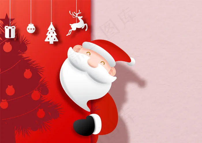 特写圣诞老人与圣诞假期的象征性对象挂在剪影的一半圣诞树和粉红色，红色的背景。eps,ai矢量模版下载