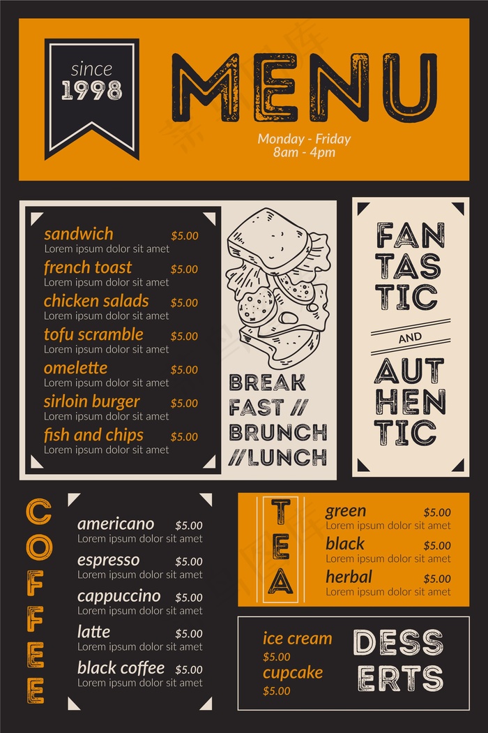 垂直餐厅菜单模板插图