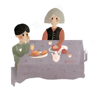 手绘孙子和老奶奶一起吃东西可商