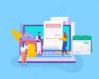 信用报告插图概念，人员分析计算信用报告，可用于，登陆页，模板，用户界面，网页，手机app移动应用，海报，横幅banner，宣传单,DM传单