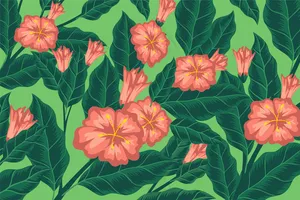 彩色背景，粉红色的花朵和叶子