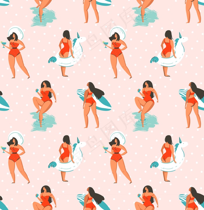 手绘抽象有趣的夏季插画无缝模式与团体女孩，冲浪板和独角兽漂浮在粉彩圆点纹理背景上的圆圈