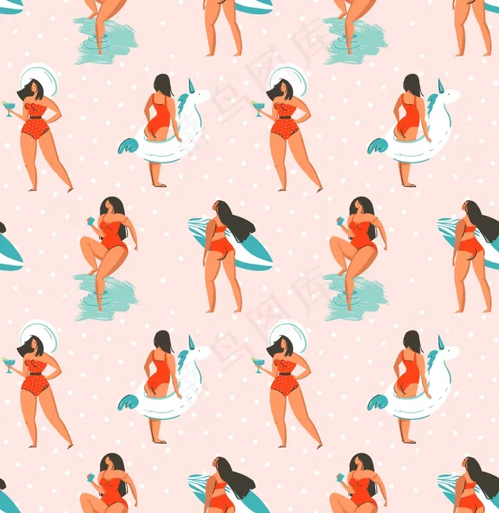 手绘抽象有趣的夏季插画无缝模式与团体女孩，冲浪板和独角兽漂浮在粉彩圆点纹理背景上的圆圈