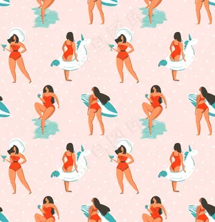 手绘抽象有趣的夏季插画无缝模式与团体女孩，冲浪板和独角兽漂浮在粉彩圆点纹理背景上的圆圈