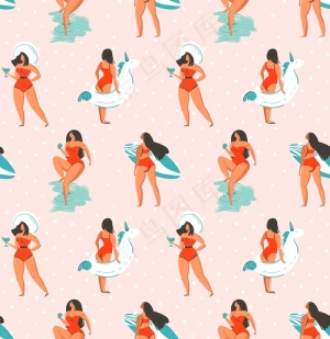 手绘抽象有趣的夏季插画无缝模式与团体女孩，冲浪板和独角兽漂浮在粉彩圆点纹理背景上的圆圈