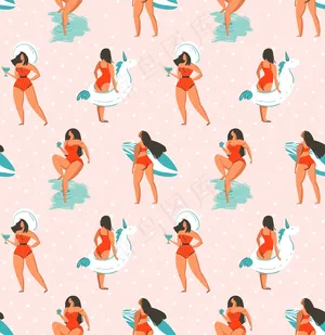 手绘抽象有趣的夏季插画无缝模式与团体女孩，冲浪板和独角兽漂浮在粉彩圆点纹理背景上的圆圈