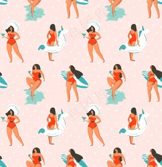 手绘抽象有趣的夏季插画无缝模式与团体女孩，冲浪板和独角兽漂浮在粉彩圆点纹理背景上的圆圈