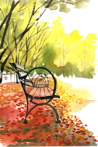 金色秋天的座椅水彩画PNG免抠