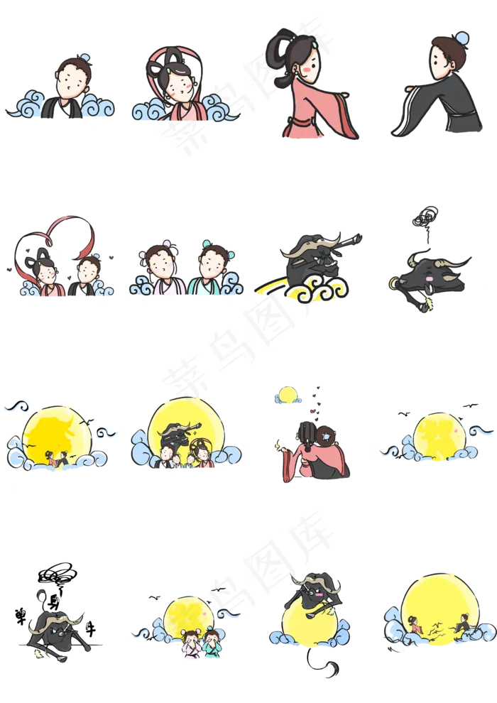 手绘七夕节牛郎织女卡通人物(2480X3508(DPI:300))psd模版下载
