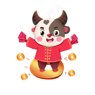 新年牛年仰视牛元宝红包卡通牛财