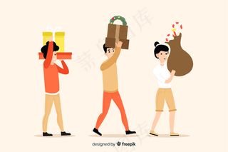 卡通穿着冬装，带着礼物