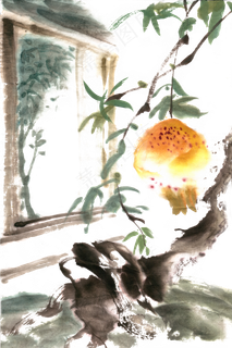 窗前的石榴水墨画PNG免抠素材