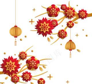 红色中国新年剪纸梅花灯