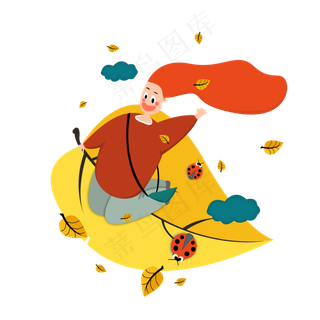 秋天红发姑娘骑落叶飞翔瓢虫PN