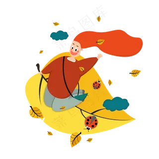 秋天红发姑娘骑落叶飞翔瓢虫PN