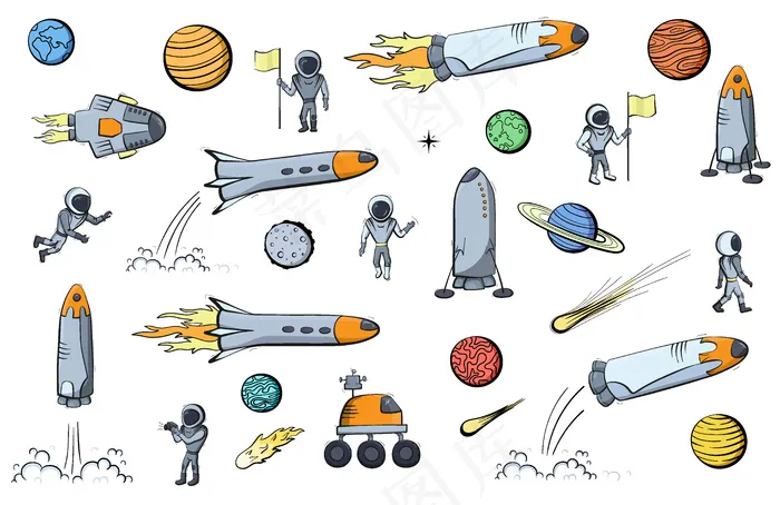宇宙飞船、火箭、火星车的矢量插图集。涂鸦卡通矢量图标。eps,ai矢量模版下载