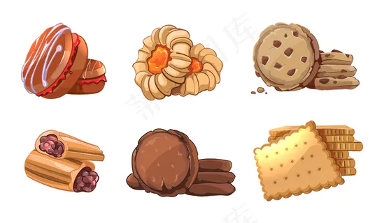 Cookies矢量图标设置为卡通风格。烘焙元素,零食营养,美味甜点,卷好吃,糕点吃 Cookies矢量图标设置为卡通风格。烘焙元素,零食营养,美味甜点,卷好吃,糕点吃