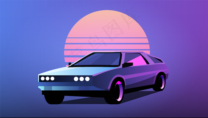 以条纹太阳插图为背景的80年代后浪汽车