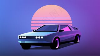 以条纹太阳插图为背景的80年代后浪汽车