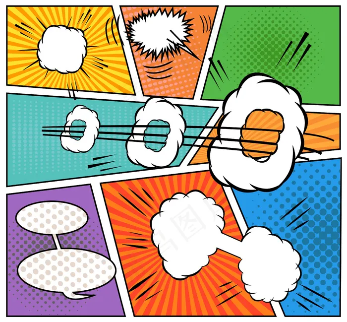 漫画书背景。漫画书页与语音气泡，声音和哈夫罗尼效果。波普艺术风格