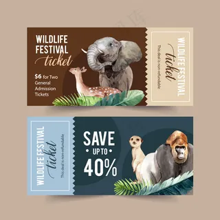 动物园门票设计与大象，鹿，猴子水彩画插图。