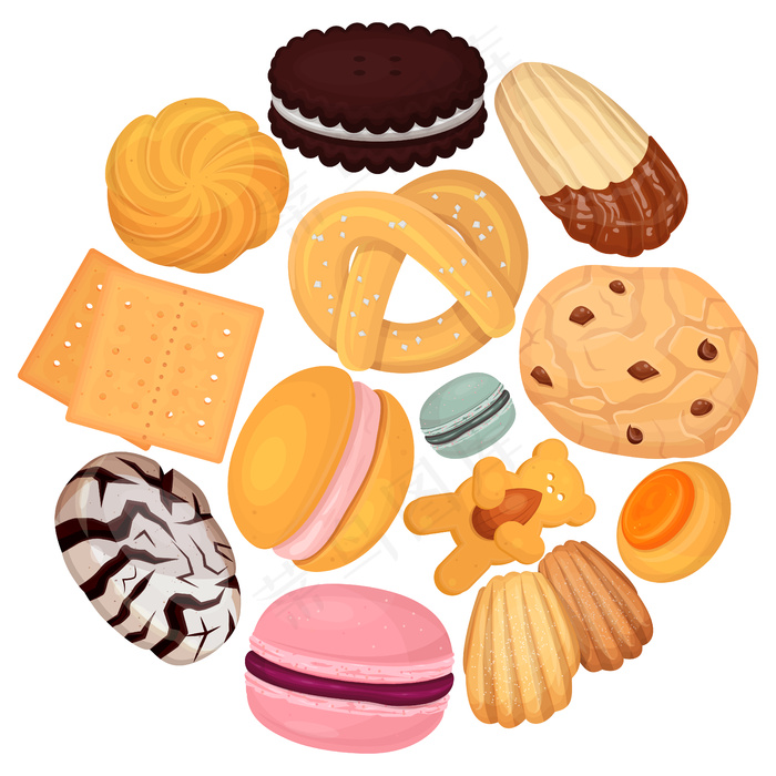 饼干糕点图案插图。甜饼干甜甜圈，美味甜点，糖果
