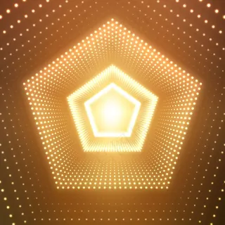 橙色背景上闪耀耀斑的无限五边形隧道