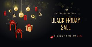 黑色星期五大减价。现实黑色礼品盒上的金色文字。