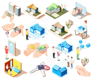 房地产增强现实等轴测图标集的不同元素和属性的建筑物插图
