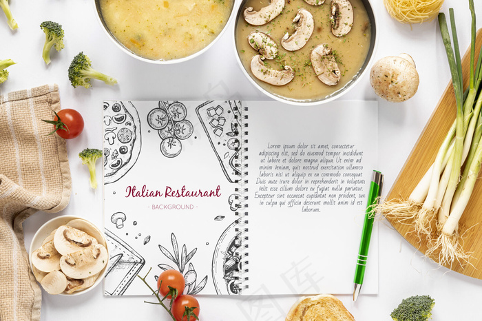 顶视图汤与各种配料和食谱模型样机