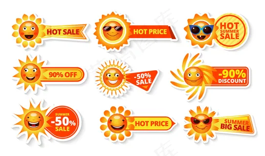 夏季销售标签与笑脸太阳和热的价格与大折扣标签 夏季销售标签与笑脸太阳和热的价格与大折扣标签