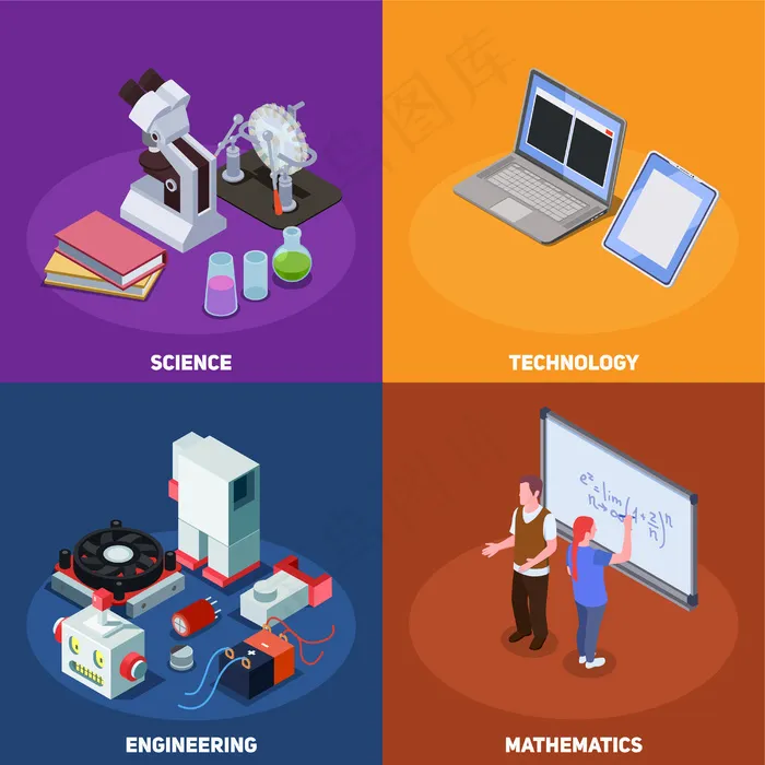 Stem教育等距构图，包括书籍、计算机、科学设备和人类特征的构图eps,ai矢量模版下载