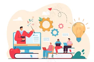 学生在电脑上看网络研讨会，在线学习