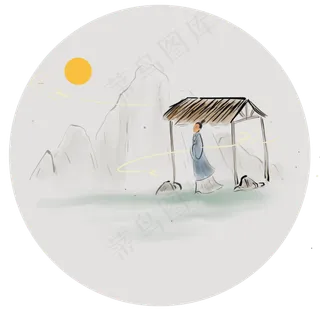 茅草亭下赏月的古代人